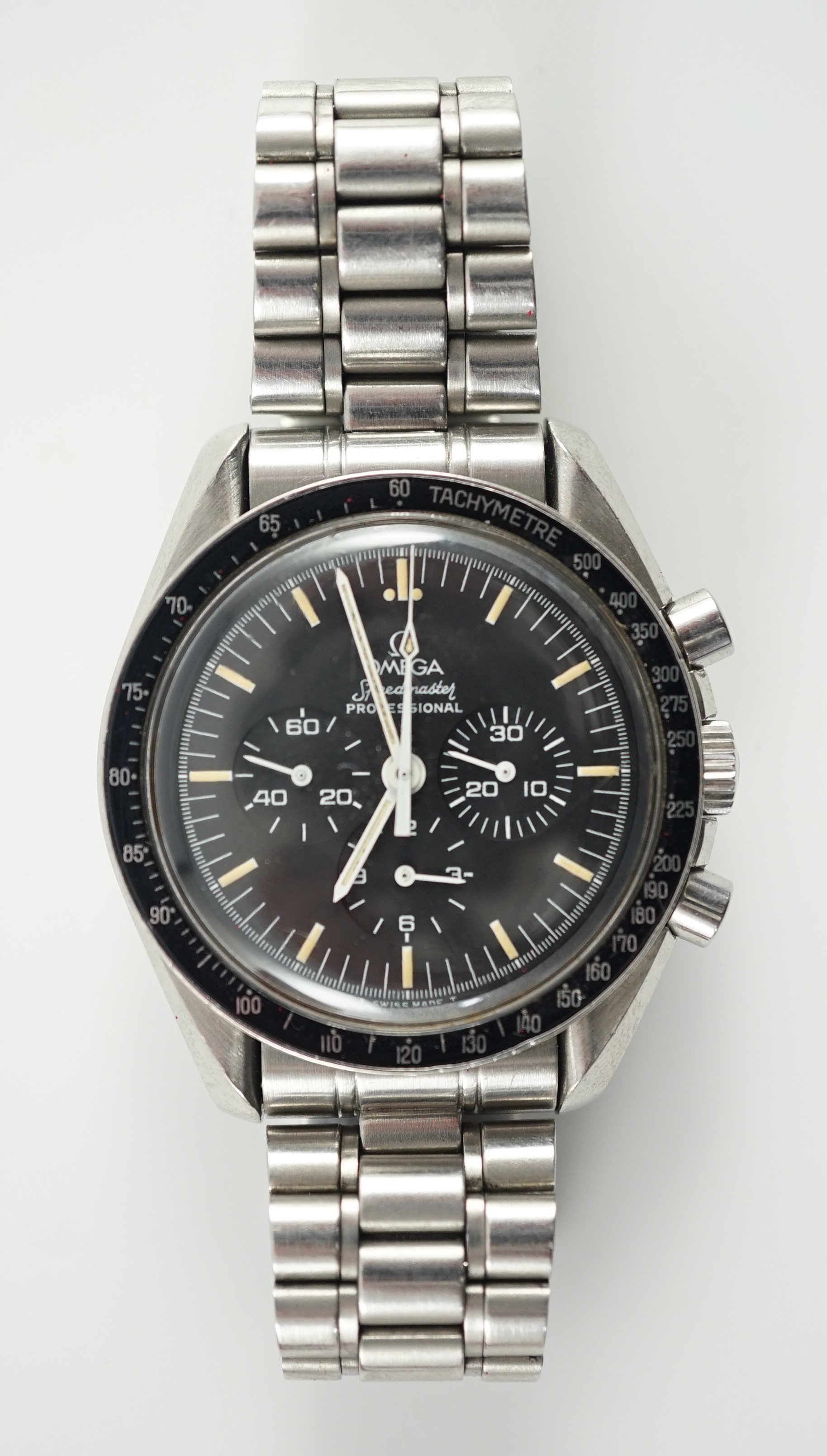 A gentleman's 1980's stainless steel Omega Speedmaster Professional 'The First Watch Worn On The Moon', manual wind wrist watch